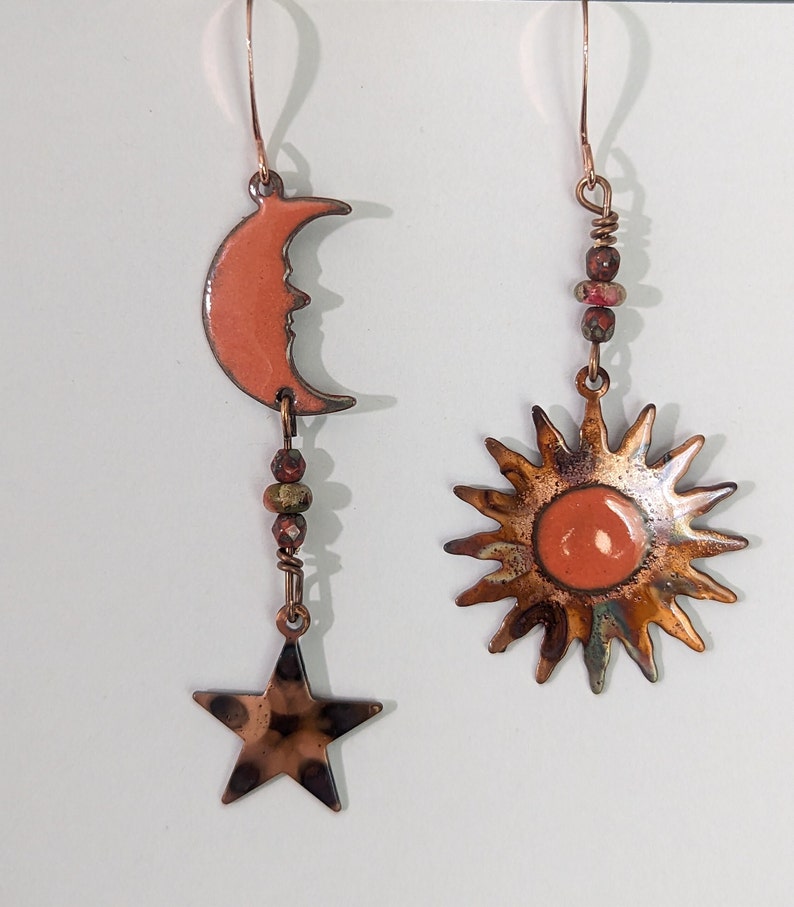 Copper enameled and flame painted copper mismatched moon, star and sun dangle earrings, celestial earrings, mismatched earrings image 1