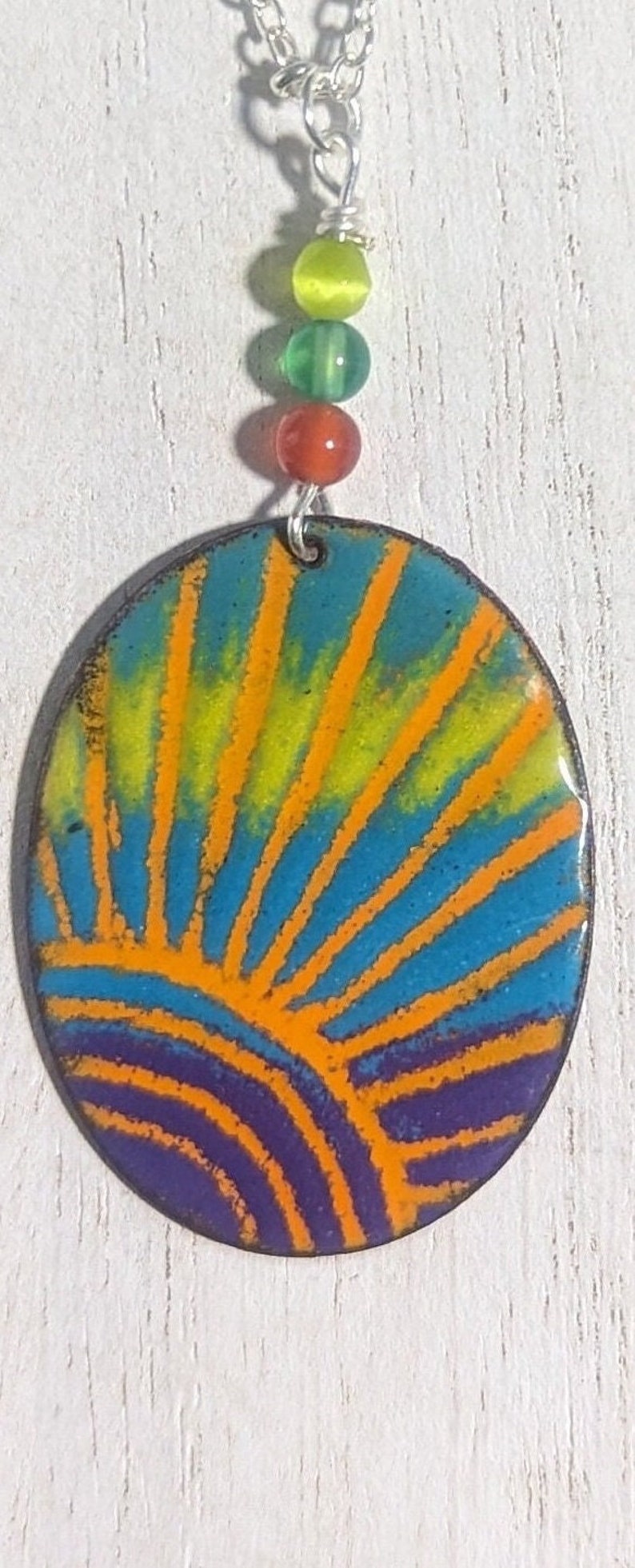 Colorful copper enameled sun necklace, enamel necklace, oval necklace, sundesign, 24 chain, copper, sun necklace, celestial jewelry image 1