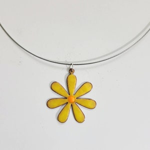 Daisy necklace, copper enameled daisy necklace, flower necklace, daisy choker, enamel necklace, hippie jewelry, yellow necklace, boho