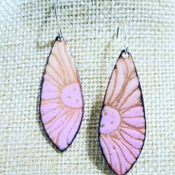 Boho Pink flower copper enameled earrings,  enamel earrings, copper earrings, pink earrings, flower earrings, enamel jewelry, mothers day