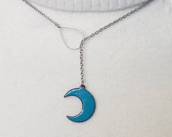 Copper enameled turquoise crescent moon lariat necklace, lariat necklace, dainty silver plated chain, hippie jewelry, boho, moon necklace