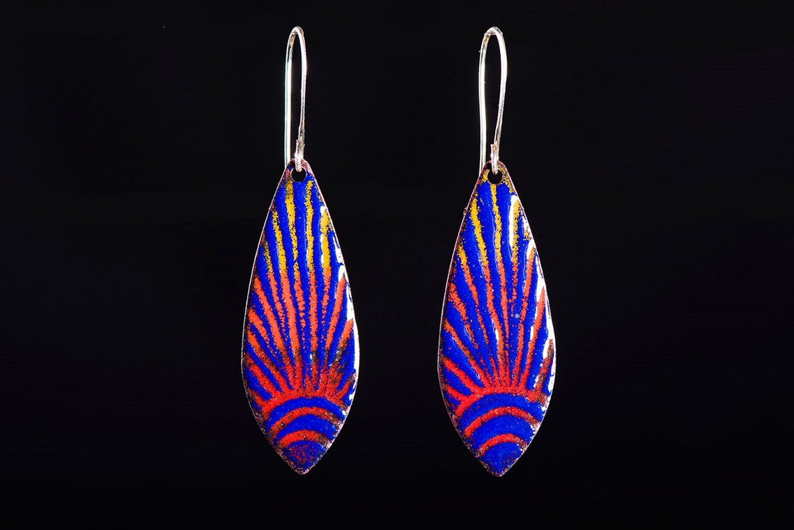 Copper Enameled Earrings Cobalt Blue Bright Orange Enamel Etsy