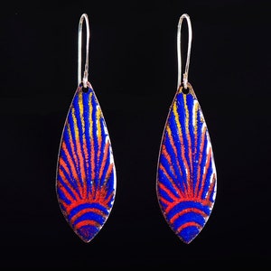 Copper enameled earrings, Cobalt blue and orange enamel earrings, dangle earrings, colorful earrings, sun earrings, blue earrings, celestial