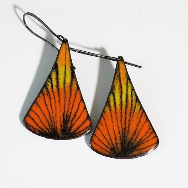 Orange, yellow and black copper enamel earring,  sgraffito enamel, colorful earrings, boho earrings, artisan earrings