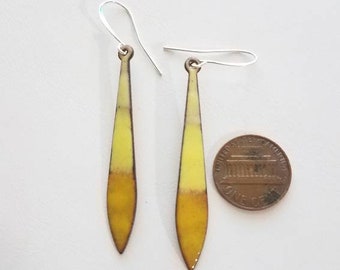 Long bright yellow copper enameled earrings, long earrings, yellow earrings, enamel, colorful,copper earrings, minimalist earrings, boho