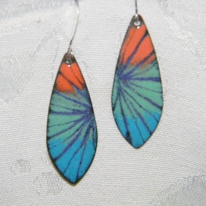 Torch fired copper enameled earrings. Oblong drop shape - brightly colored designs -  One of a  kind!
