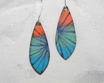 Torch fired copper enameled earrings. Oblong drop shape - brightly colored designs -  One of a  kind!