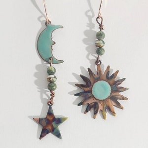 Copper enameled and flame painted copper mismatched moon, star and sun dangle earrings, celestial earrings, mismatched earrings