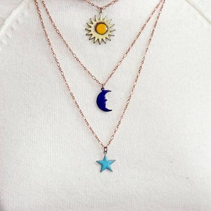 Boho Emaille Kupfer Celestial Layered Halskette, Sonne, Mond, Stern