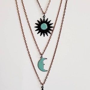 Copper enameled sun, moon, star layered necklace, celestial necklace, boho jewelry, 3 layer necklace, multiple strands