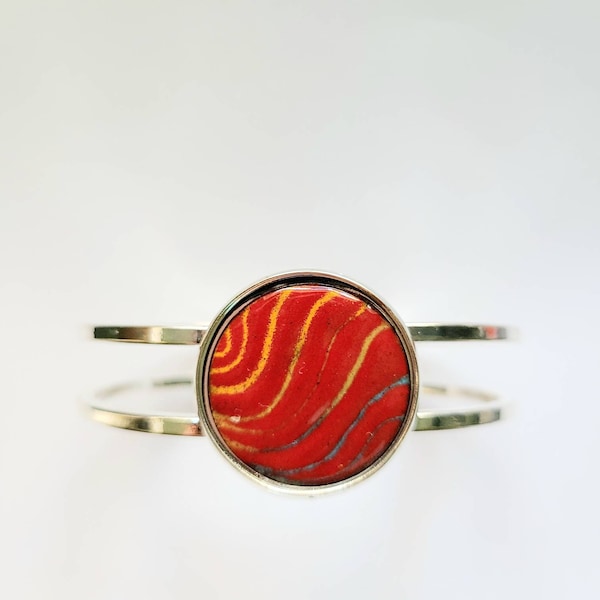 Red torch fired copper enameled bangle  bracelet, silver plated bangle, red bracelet, swirly red enamel bracelet, nickel and lead free