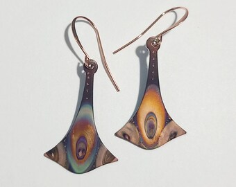 Flame painted copper earrings, copper jewelry, flame colored copper, southwest jewelry, hypoallergenic