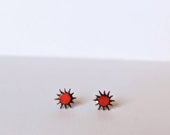 Boho Copper enameled sun studs, sun earrings, celestial earrings, sun post earrings, orange sun stud earrings, boho, tiny studs, copper