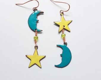 Copper enameled  moon and star dangle earrings, celestial jewelry, colorful jewelry, hippie, boho jewelry, turquoise and yellow earrings