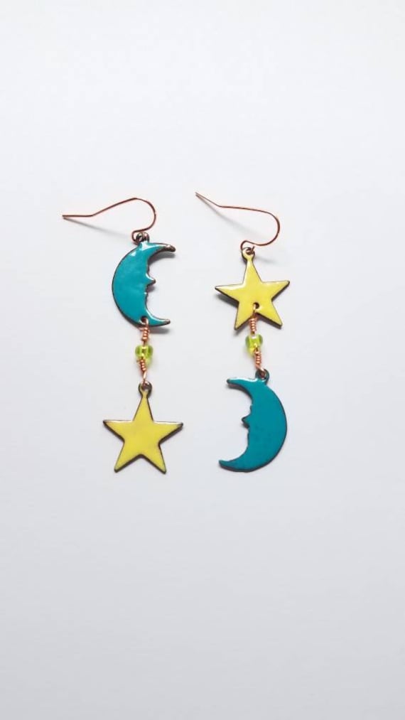 celestial jewelry hippie jewelry beachy earrings Copper enameled black and white sun earrings enameled earrings black and white jewelry