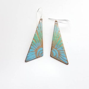 Blue, gold and seafoam green enameled copper triangle drop earrings, triangle earrings, geometric earrings, boho, colorful enamel jewelry
