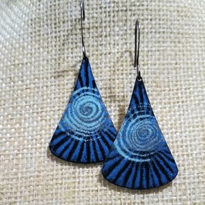 Blue and black copper enamel earring,  sgraffito enamel, colorful earrings, boho earrings, artisan earrings