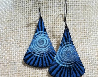 Blue Sgraffito Enamel Copper Earrings, Boho Artisan Jewelry