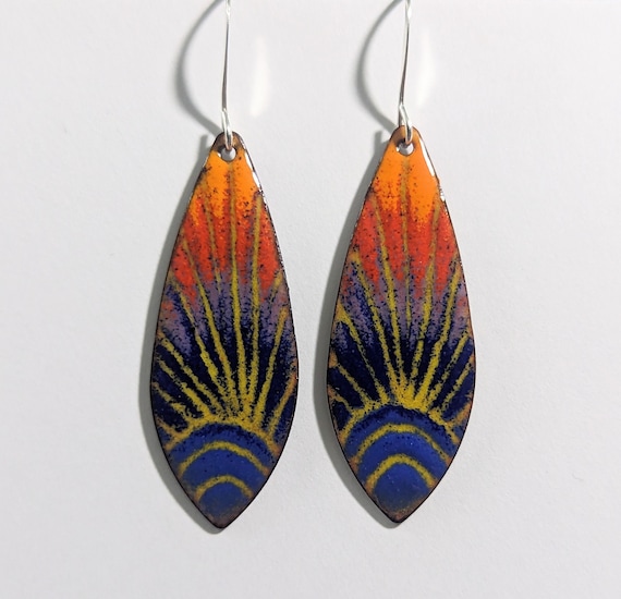 Copper Sgraffito Sun Drop Earrings, Enameled Celestial Jewelry