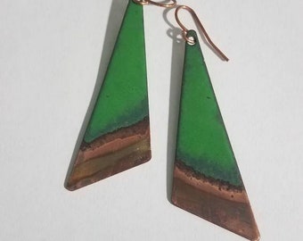 Torch fired copper enamel and flame painted copper triangle earrings, triangle jewelry, geometric earrings, green earrings, rustic jewelry