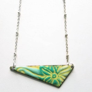 Copper enameled yellow and green asymmetrical triangle necklace, enameled flower necklace,  boho, colorful jewelry, sgraffito, copper