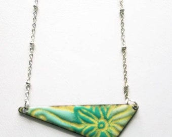 Copper enameled yellow and green triangle necklace, enameled flower necklace, geometric,  hippie jewelry, boho, colorful jewelry, sgraffito