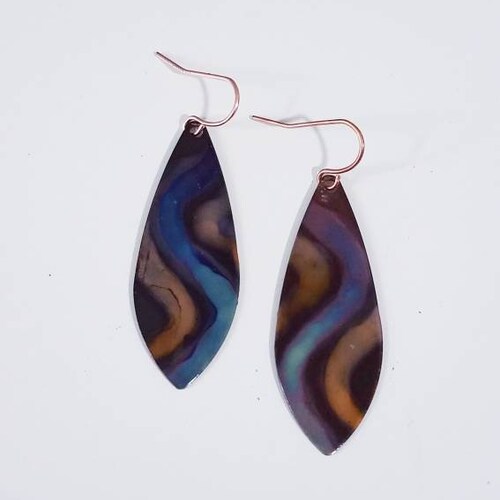 Flame Painted Copper Crescent Moon Earrings Copper Moon Etsy