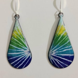 Colorful blue, white, turquoise, yellow and green copper enameled earrings, copper earrings, hippie earrings, enamel earrings, boho jewelry