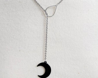 Copper enameled black crescent moon lariat necklace, lariat necklace, dainty silver plated chain, wiccan jewelry, boho, moon necklace