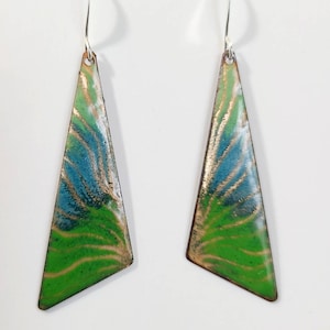 Blue, gold and green copper enameled triangle drop earrings, triangle earrings, geometric earrings, boho, colorful enamel earrings