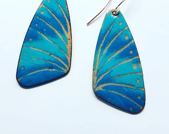 Enameled copper drop earrings, butterfly wing earrings, turquoise,cobalt enamel earrings, colorful earrings, boho earrings, hippie earrings