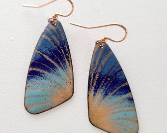Enameled copper butterfly wing earrings,blue and gold enamel earrings, enamel earrings, colorful earrings, boho earrings, hippie earrings