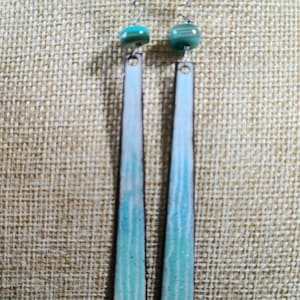 Turquoise Copper Enamel Earrings, Long Trapezoid Dangle, Hypoallergenic