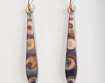 Flame painted copper earrings, copper earrings, southwest earrings, rustic earrings, colored copper, long copper earrings, copper drop