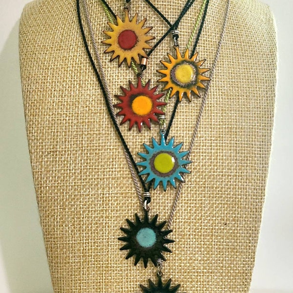 Enameled copper sun necklace, sun choker, adjustable necklace, celestial necklace, sun necklace, enamel,  boho, hippie, beachy/tropical