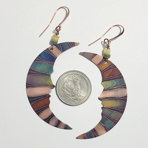 Flame painted copper crescent moon earrings, copper moon earrings,  southwest jewelry, moon earrings, boho moon earrings, wiccan jewelry