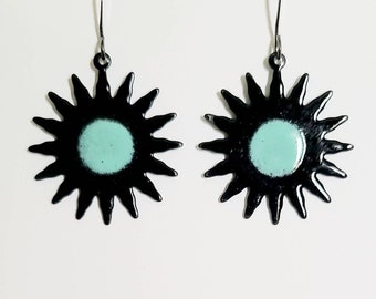 Copper enameled black and turquoise sun earrings, celestial jewelry, enameled earrings, black jewelry, hippie jewelry, beachy earrings, sun