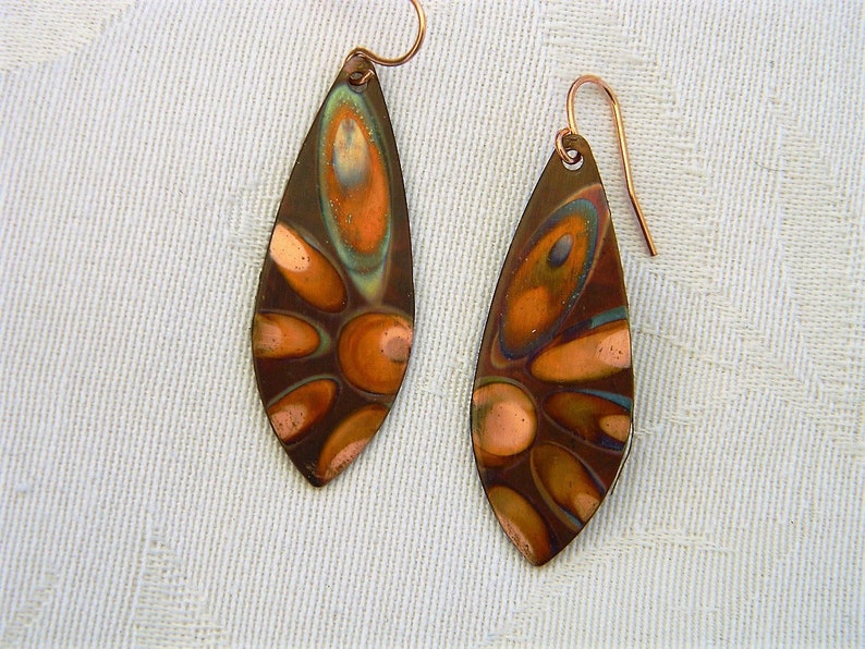 Flame Painted Copper Drop Earrings Copper Dangle Earrings Etsy