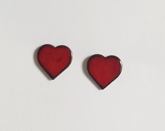 Copper enameled red heart post earrings, heart earrings, heart studs, heart jewelry, red earrings, valentines day gift, enamel earrings