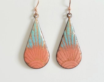 Coral Turquoise Enamel Earrings, Sgraffito Copper Sunburst, Handmade