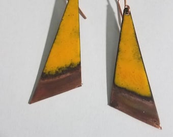 Yellow Enameled Copper Triangle Earrings, Flame Painted Geometric Dangles, Yellow Earrings