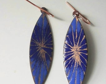 Torch Fired Copper Enameled Earrings = shiny gold and cobalt blue -  one of a kind!