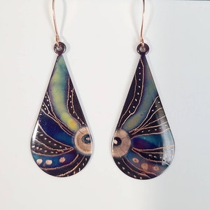 Flame painted copper earrings, boho, copper earrings, tear drop earrings, colorful copper earrings, southwest inspired, light weight