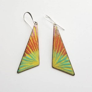 Boho yellow, coral, pink and seafoam green enameled copper triangle drop earrings, triangle earrings, geometric, boho, colorful jewelry