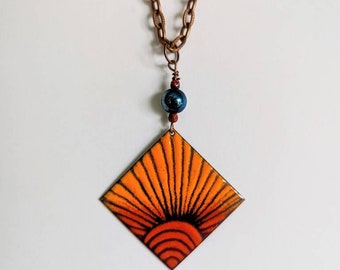 Orange Enamel Sun Pendant Necklace, Sgraffito Copper Jewelry