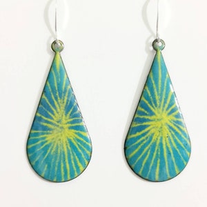 Colorful turquoise, chartreuse green, white enamel copper enameled earrings, copper earrings, hippie earrings, enamel earrings, boho jewelry