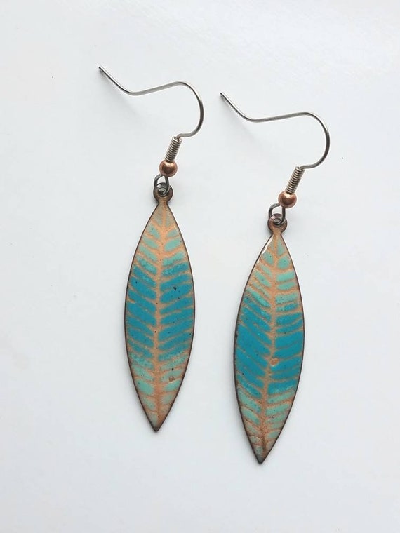 Leaf Shape Copper Enameled Earrings shiny gold enamel | Etsy