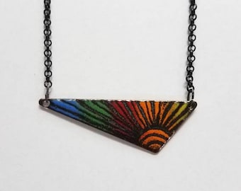 Copper enameled triangle necklace, rainbow colored enamel necklace, sun necklace, celestial jewelry, hippie, boho, colorful jewelry, LGBTQ