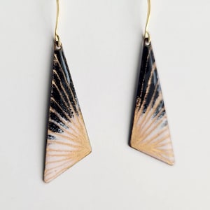 Copper enameled black, white and gold art deco inspired triangle earrings, geometric earrings, sgrafitto,  enamel earrings, black jewelry