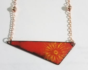 Torch Fired Copper Enamel Necklace, Asymmetrical Sun Triangle